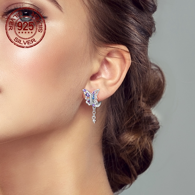 Women's 925 Sterling Silver Colorful Butterfly Hoop Earrings